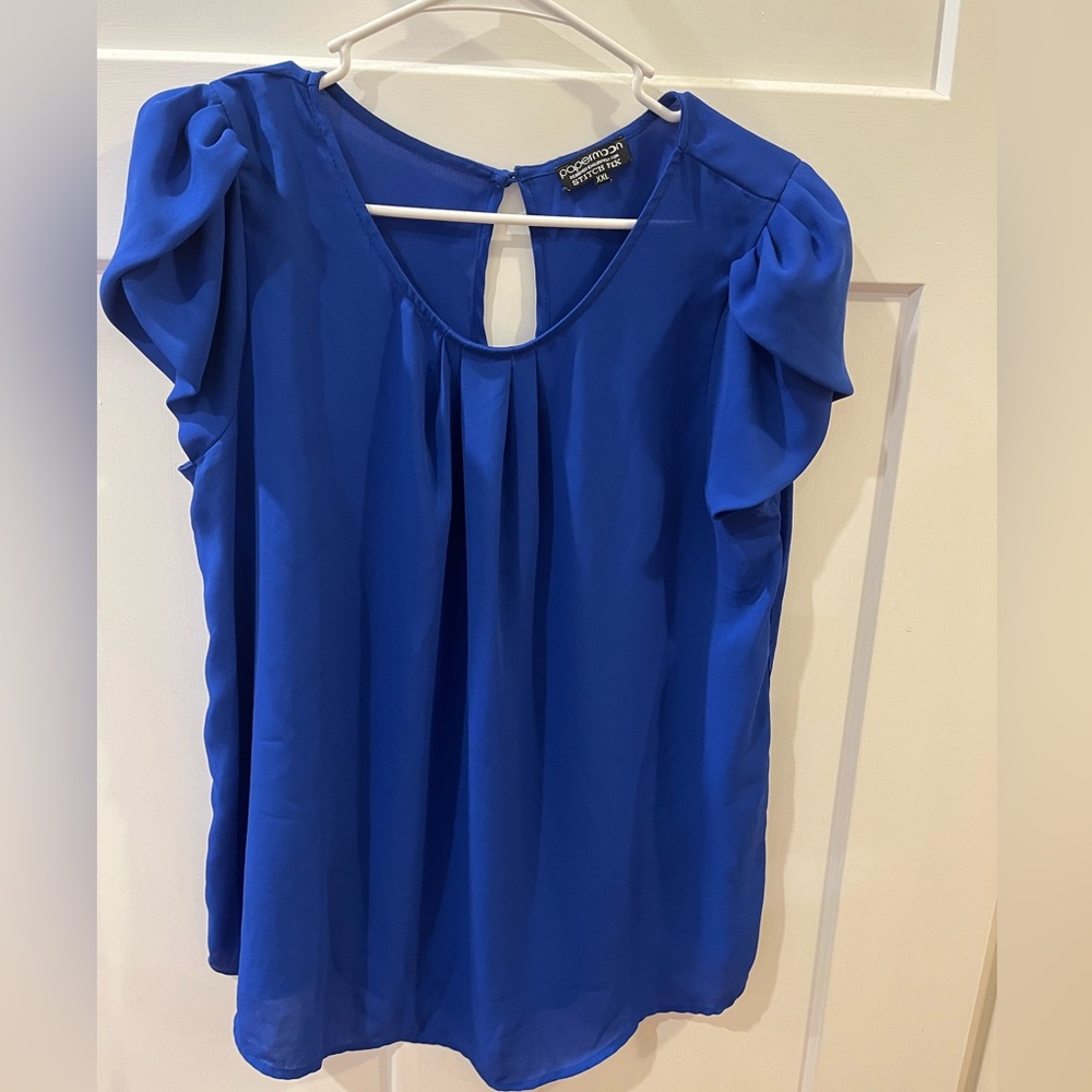 Blue Flutter Sleeve Blouse with Ruffled Cut Out